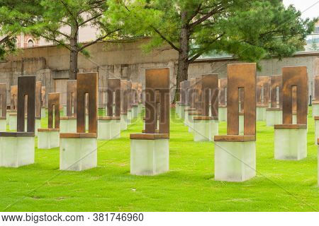 Oklahoma City Usa - September 9 2015; Oklahoma City Bombing Field Of Empty Chairs A Sculpture In Bro