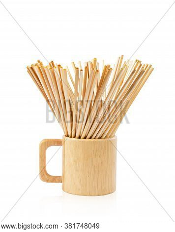 Wheat Straws For Drinking Water Natural Eco Friendly Renewable In Wooden Water Glass On White Backgr