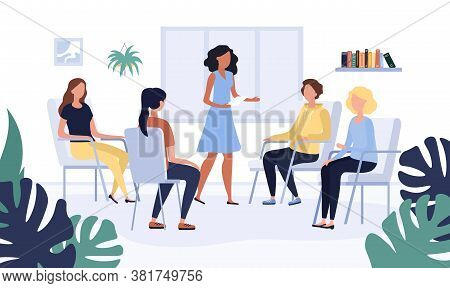 Group Therapy Concept With Group Of Women Sitting Talking Sharing Problems With A Therapist In Her O