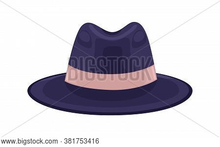 Black Stylish Headdress Decorated With Ribbon Vector Flat Illustration. Classic Men S Brimmed Felt H