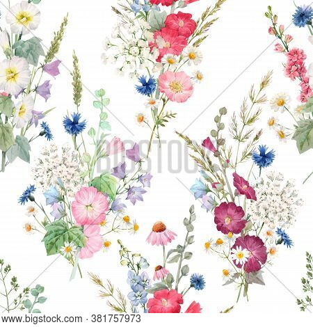 Beautiful Vector Seamless Floral Pattern With Watercolor Summer Flowers. Stock Illustration.