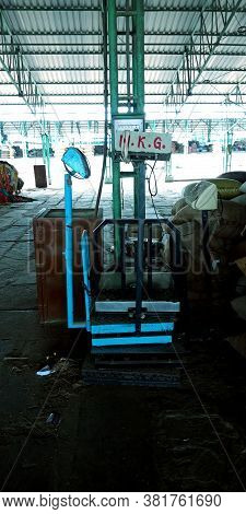 District Katni, India - August 03, 2019: Weight Machine For Lifting Grains Corner Whole Wheat Grain 
