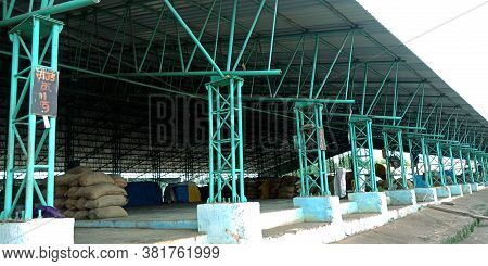 District Katni, India - August 03, 2019: Iron Poles View Around Warehouse For Wheat Grain And Rice S