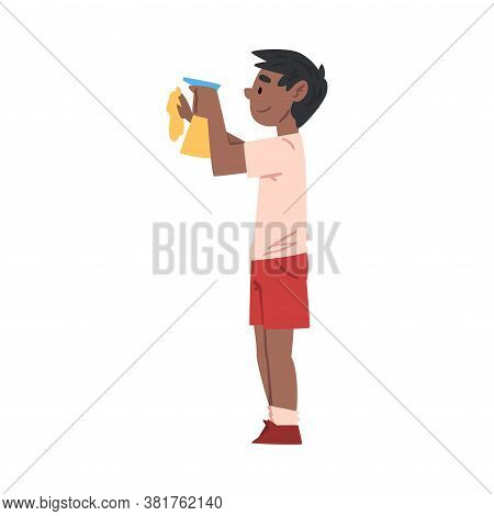 Boy Wiping Dust With Sprayer Bottle And Rag, Child Doing Household Chores Cartoon Style Vector Illus