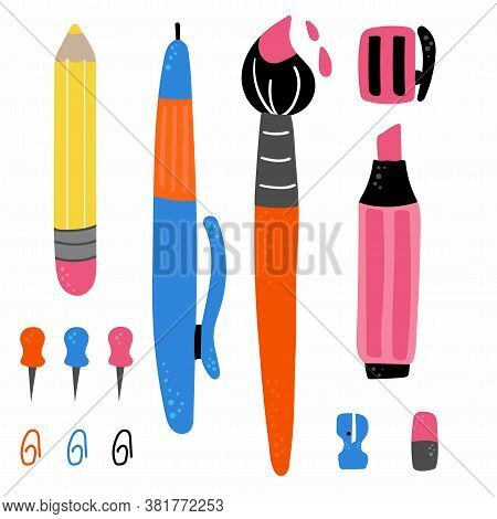 School Supplies Set. Education Workspace Accessories, Pencil And Pen, Brush Bight Colorful Doodle Ca
