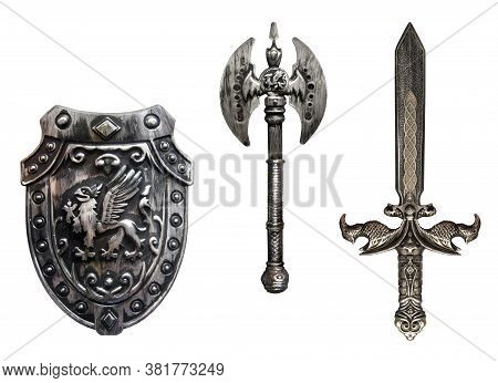 There Are A Shield, A Sword And A Battle Ax. White Background. Isolated.