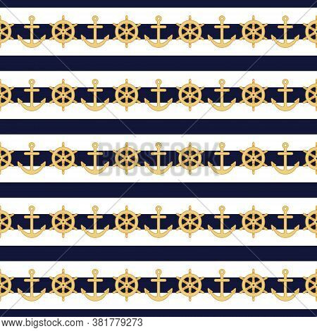 Nautical Navy Blue And White Stripes With Steering Wheel And Anchors Semaless Pattern. Sailing And M