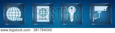 Set Social Network, Passport, Key And Security Camera. Square Glass Panels. Vector