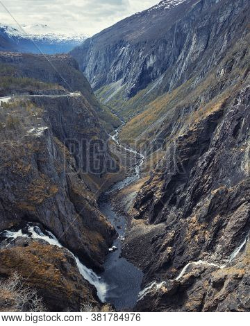 Nature And Landscape Of Norway, Canyon Waterfall Panorama Voringfossen And Tysvikofossen