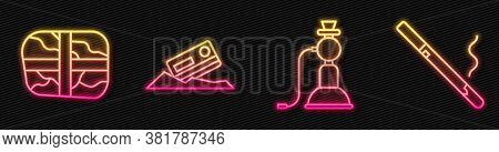 Set Line Hookah, Package With Cocaine, Cocaine And Credit Card And Cigarette. Glowing Neon Icon. Vec