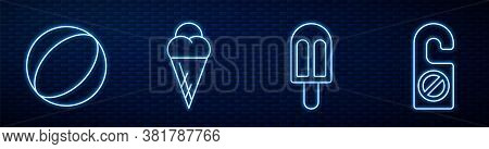 Set Line Ice Cream, Beach Ball, Ice Cream In Waffle Cone And Please Do Not Disturb. Glowing Neon Ico