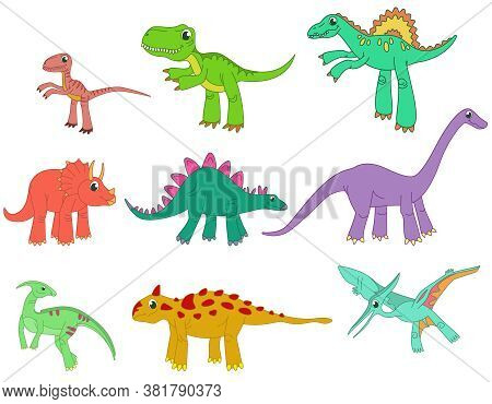 Big Set Of Different Dinosaurs. Prehistoric Reptiles In Cartoon Style.