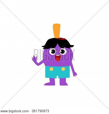 Purple Cartoon Baby Monster Waving With Friendly Smile