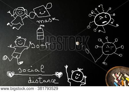 Covid-19 Back To School, Recommendations New Normal.stick Figures, Coronavirus Fleeing From Masks, S