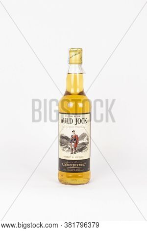 Palma, Mallorca, Spain - April 11 2019: Auld Jock Blended Scotch Whisky Bottle Whith His Original Bo