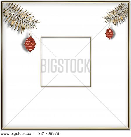 Christmas Or 2021 New Year Mock Up Background. Minimalistic Style Made Of Gold Frame And Hanging Red
