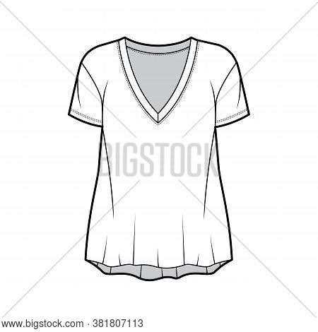Boyfriend Slub Cotton-jersey T-shirt Technical Fashion Illustration With Plunging V-neckline, Short 