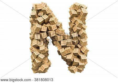Letter N From Wooden Boxes. 3d Rendering Isolated On White Background