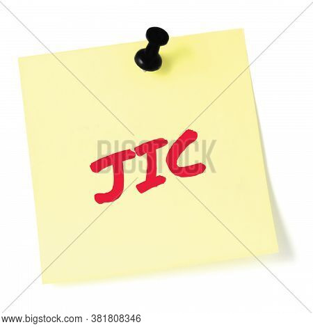Just in case initialism JIC red marker written acronym text, isolated yellow post-it to-do list sticky note reminder abbreviation sticker, black pushpin thumbtack macro closeup, memo information message, newsletter bulletin info notice concept