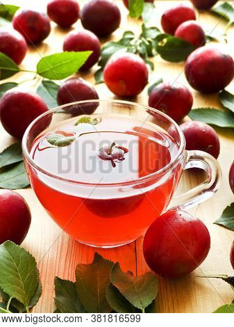 Cup Of Red Alucha Cherry Plum Compote. Shallow Dof.