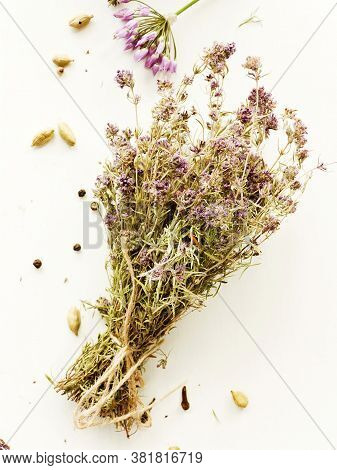 Wild Thyme Oregano Spice On White Wooden Background. Shallow Dof.