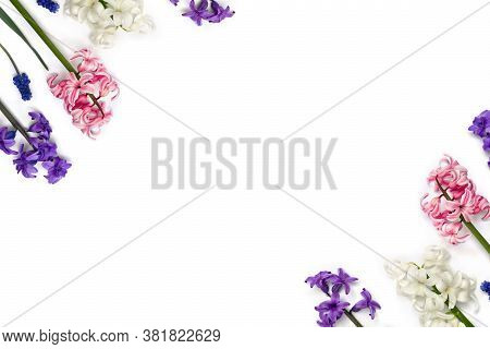 Frame Of Flowers Hyacinths And Flowers Muscari On White Background With Space For Text. Top View, Fl
