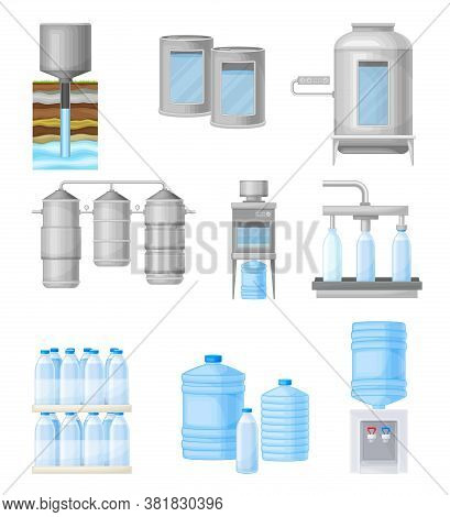 Drinking Water Production And Purification With Extraction, Treatment And Bottling Vector Illustrati