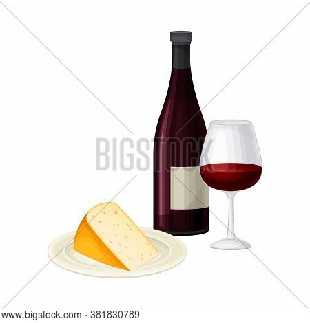 Wine Bottle With Full Glass For Degustation And Slab Of Cheese Vector Illustration
