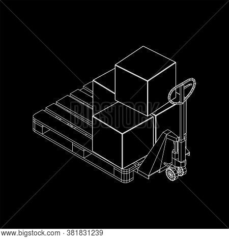 Hand Pallet Jack Lift With Pallet And Stacked Goods Cardboard Boxes. Manual Forklift. Logistics Ship