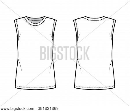 Cotton-jersey Tank Technical Fashion Illustration With Crew Neckline, Oversized, Cut Armholes. Flat 