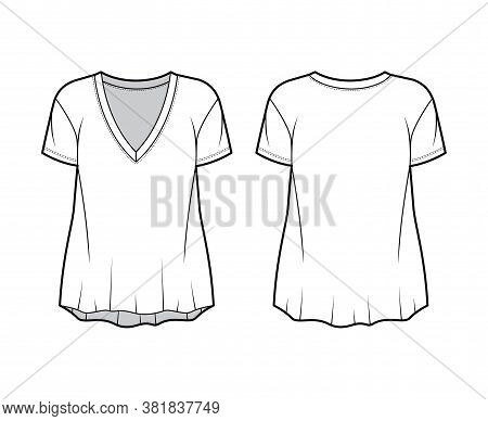 Boyfriend Slub Cotton-jersey T-shirt Technical Fashion Illustration With Plunging V-neckline, Short 
