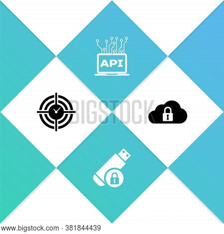 Set Time Management, Usb Flash Drive With Lock, Computer Api Interface And Cloud Computing Icon. Vec