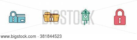 Set Credit Card With Lock, Folder And, Retro Wall Watch And Lock Icon. Vector