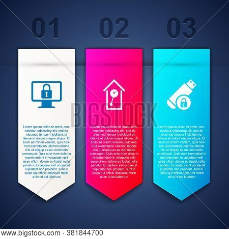 Set Lock On Monitor, Retro Wall Watch And Usb Flash Drive With Lock. Business Infographic Template. 