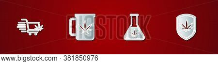 Set Shopping Cart With Marijuana, Cup Tea, Test Tube And Shield And Icon. Vector