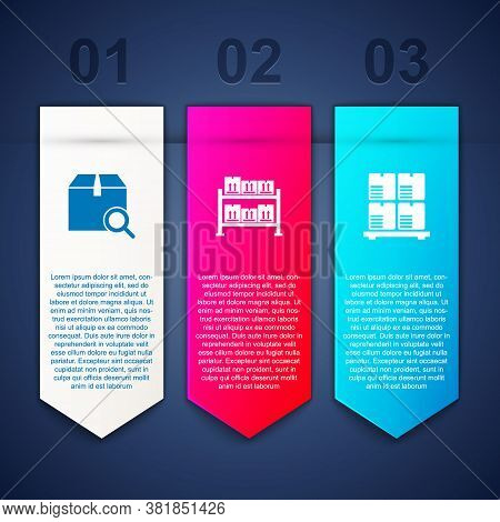 Set Search Package, Warehouse And Cardboard Boxes On Pallet. Business Infographic Template. Vector