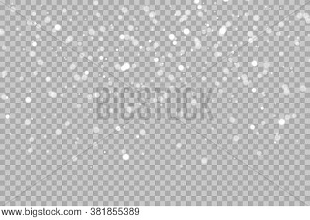 Vector Falling Snow Overlay. Realistic Shining Snowfall Background For Christmas Banner Of Winter Co