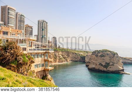 Raouche Or Pigeons Rocks Panorama With Sea And Ciry Center In The Background, Beirut, Lebanon