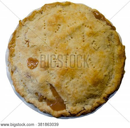 Top View Of Peach Pie.  White Background.  Freshly Baked Dessert With Flaky Pastry Crust.  Summer Or