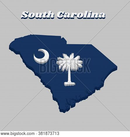 3d Map Outline And Flag Of South Carolina, White Palmetto Tree On An Indigo Field. The Canton Contai