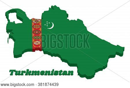 3d Map Outline And Flag Of Turkmenistan, A Green Field With Red Stripe Containing Five Carpet Guls S