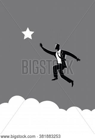 Business Concept Vector Illustration Of A Businessman Jumps To Reach Out For The Star, For Aspiratio