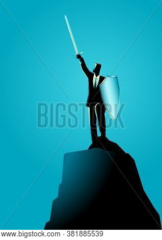 Business Concept Vector Illustration Of A Businessman Raising A Sword And Shield On Top Of Rock, Vic