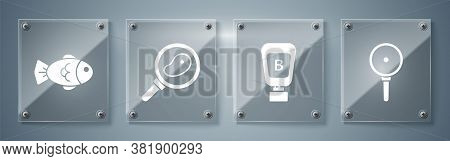 Set Frying Pan, Sauce Bottle, Steak Meat In Frying Pan And Fish. Square Glass Panels. Vector