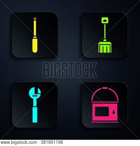 Set Paint Bucket, Screwdriver, Adjustable Wrench And Snow Shovel. Black Square Button. Vector