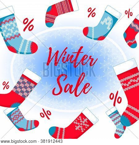 Vector Illustration Of Winter Sale Banner With Christmas Stockings And Snowflakes