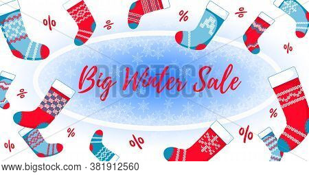 Vector Illustration Of Winter Sale Banner With Christmas Stockings And Snowflakes