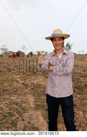 Male Farmer Standing And Thumbs Up In The Cassava Farm With Out Focus Tractor And Worker.