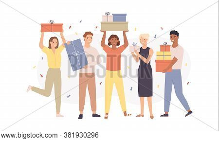 Happy People With Gifts. Fun Women And Men Holding Gift Boxes With Presents, Young Guys Congratulate