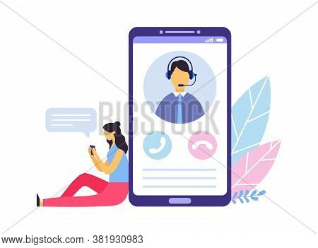 Customer Support. Person Advisor And Helpful Advice Services. Woman Sitting Next To Big Smartphone A